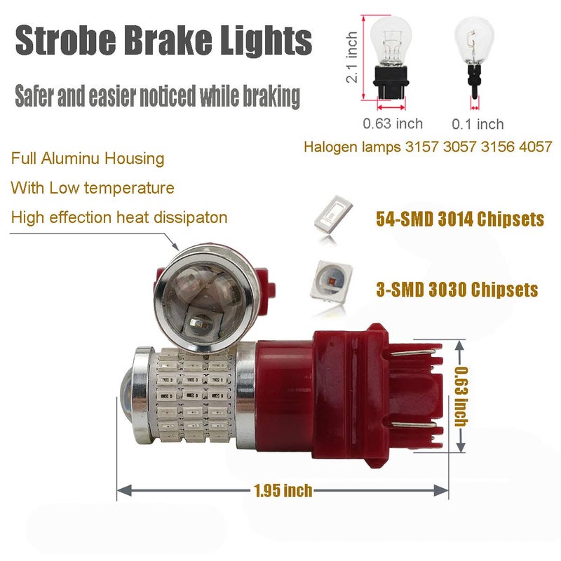 iBrightstar 9-30V Flashing Strobe Blinking Brake Lights 3157 3057 3156 3056 LED Bulbs with Projector Replacement for Tail Brake Stop Lights, Brilliant Red - Image 2